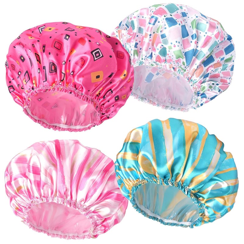 CHFONG 4 PCS Shower Cap for Women, Elastic and Reusable Bath Caps, Double Layers Shower Caps Reusable Waterproof, Bathing Shower Caps, Environmental Bath Hair Protection Cap - Stripes - Image 1